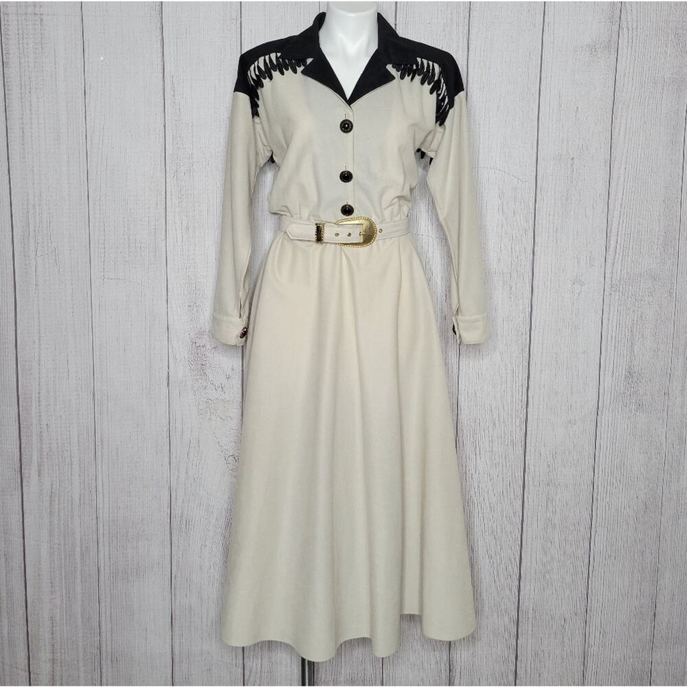 Cream and Black Long Sleeve Maxi Dress with Belt